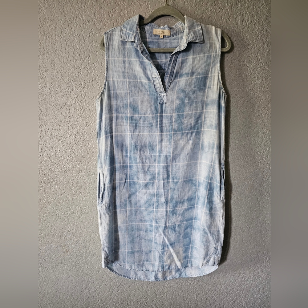 Side Stitch Light Blue Plaid Sleeveless Shirt Dress